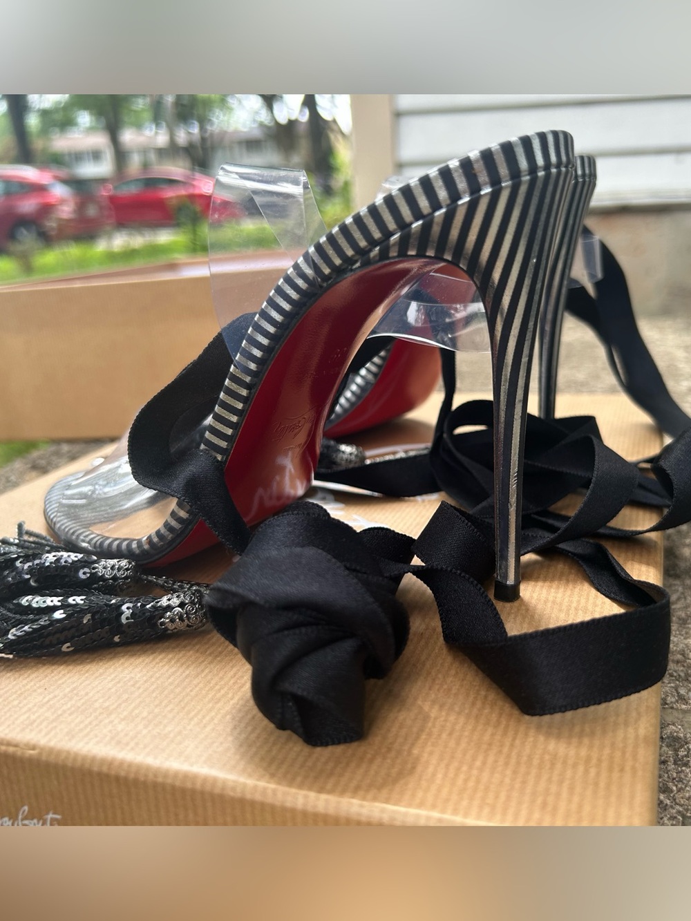 Christian Louboutin Black, Clear Striped Tassel Lace-Up Heels - Picture 3 of 5